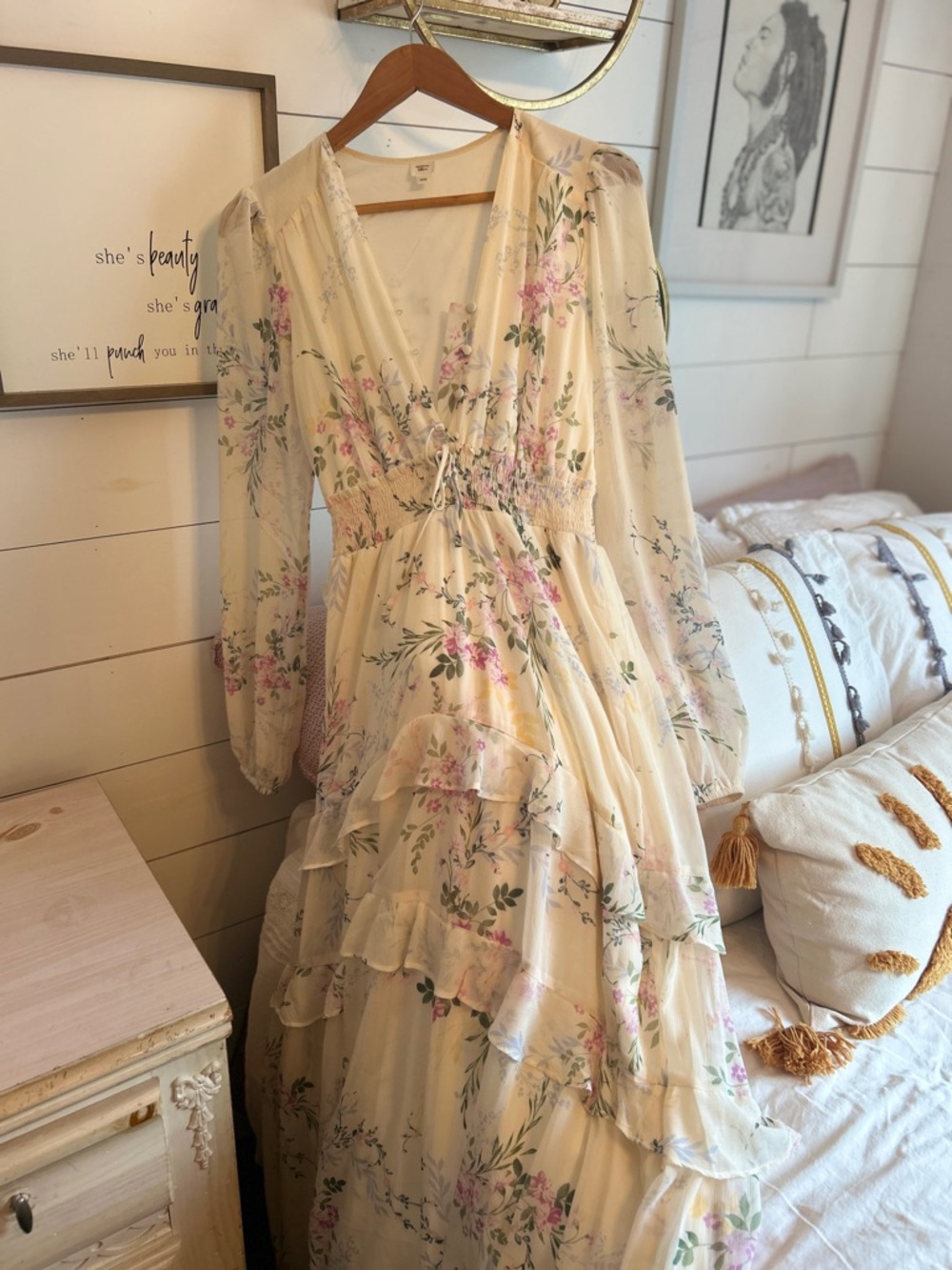 Women's Cream Floral Ruffle Maxi Dress
